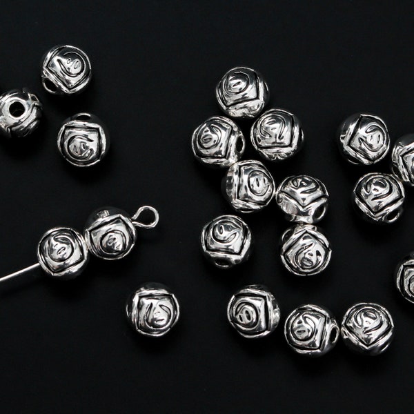 Silver Rosebud Metal Beads 7mm x 6.5mm, 2mm hole - Rose Carved Rosary Beads 60pcs