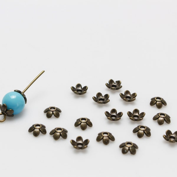 Bronze Flower Bead Caps 6mm in diameter (Fit beads 6mm - 10mm) Zinc Alloy - Sold in pkgs of 50, 120, 300 caps