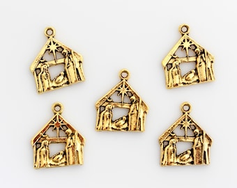 Gold Nativity Creche Charms - Holy Family Infant Jesus in Manger Star of Bethlehem, Sold in packs of 5, 20, and 50pcs