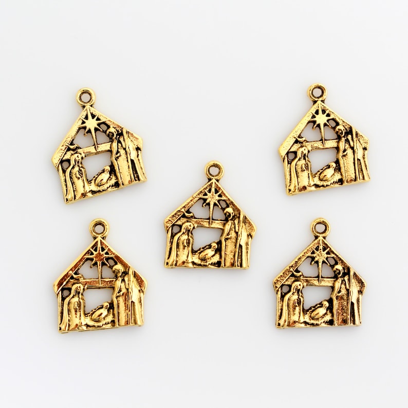 Gold Nativity Creche Charms - Holy Family Infant Jesus in Manger Star of Bethlehem, Sold in packs of 5, 20, and 50pcs image 1