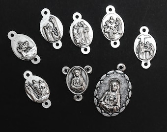 Seven Sorrows of Mary Devotional Rosary Parts Set - Servite Chaplet Medals and Centerpiece DIY Kit - 8 pieces total