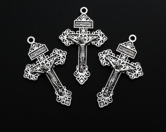 Silver Indulgence Pardon Crucifix 2-1/8" Long - Jesus Nazarenus Rex Judaeorum - Sold in packs of 3 or 10pcs