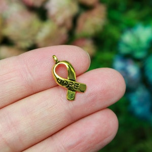 Hope Awareness Ribbon Charms in Antiqued Gold Finish - 18mm x 9mm, 25pcs