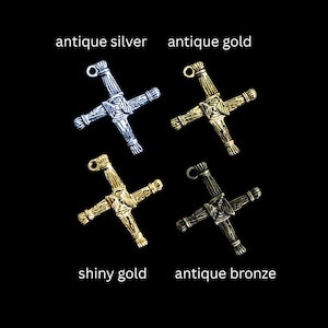 May include: Four St. Brigid's cross pendants in antique silver, antique gold, shiny gold, and antique bronze. Each cross has a loop at the top for hanging. The text in the image reads "antique silver", "antique gold", "shiny gold", and "antique bronze".