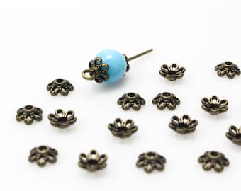 Flower Bead Caps 6mm in diameter (Fits 8mm - 10mm beads) Antique Bronze Zinc Alloy - Sold in pkgs of 50 or 120 caps