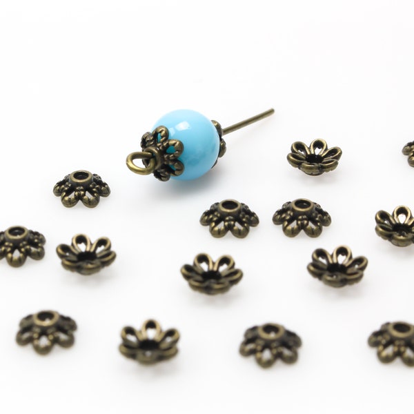 Flower Bead Caps 6mm in diameter (Fits 8mm - 10mm beads) Antique Bronze Zinc Alloy - Sold in pkgs of 50 or 120 caps