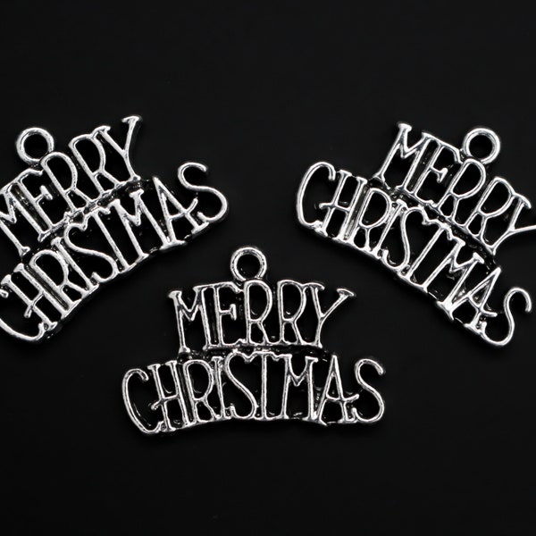 Merry Christmas Charms 1" wide Word Quote Charms - Antiued Silver Tone - 3pcs