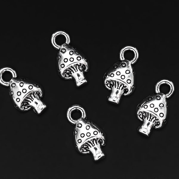 25 Mini Mushroom Charms - Polka Dot Cap - Silver Tone Color 13x8mm - 25pcs Symbol of Mystery, Resilience, and Healing