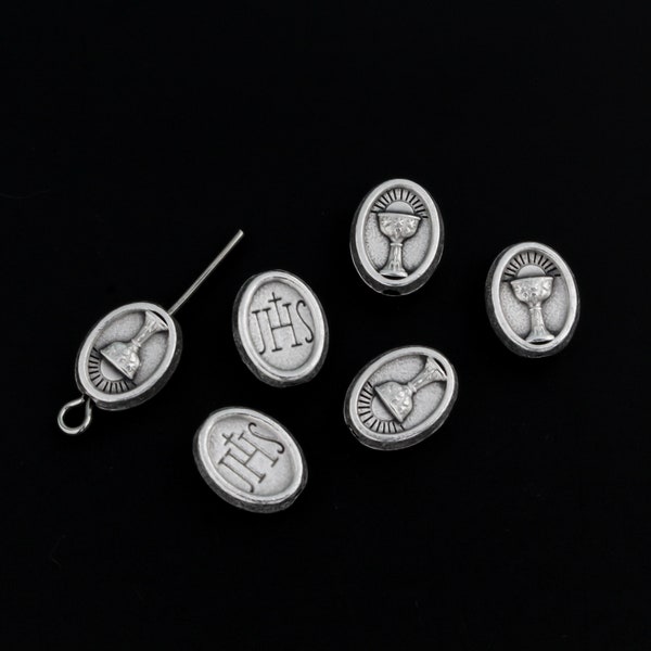 6 Holy Communion Chalice Metal Spacer Beads - Holy Eucharist JHS Christogram - Silver Tone Color 8.5mm x 6.5mm, 6pcs