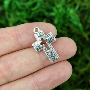 Ornate Cross Charms with Cutout Cross Design in Antiqued Silver Tone Color  23mmx14mm 10pcs
