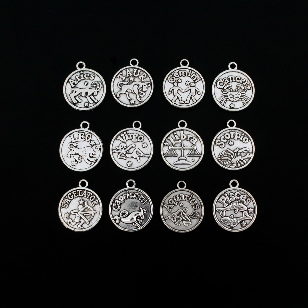 12 Zodiac Symbol Charms in Antique Silver, Horoscope Jewelry 20mm X