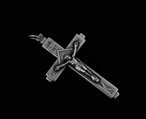 Silver Crucifix Cross 1-3/4" Long - Sunburst Nimbus and Vine Detail - John 15:5 NIV - I am the vine, you are the branches