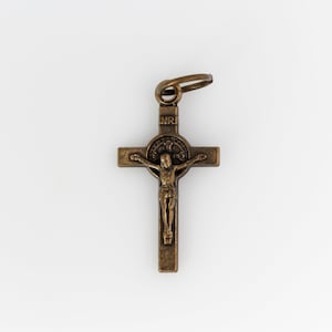 Small Bronze Saint Benedict Crucifix Cross 7/8 inches Long, Bracelet Size - Made in Italy