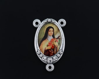 Heilige Theresia van Lisieux, middelpunt rozenkrans met kleurenafbeelding - 1" lang, gemaakt in Italië