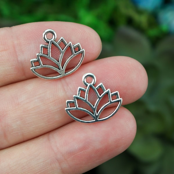 Silver Tone Lotus Flower Charms - Symbol of Purity, Enlightenment, and Rebirth - Sold in packs 12, 25, or 50pcs