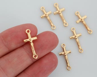 6 gouden kruisbeeld verbindingsschakels - kruisvormige Our Father-kralen 6st - Made in Italy