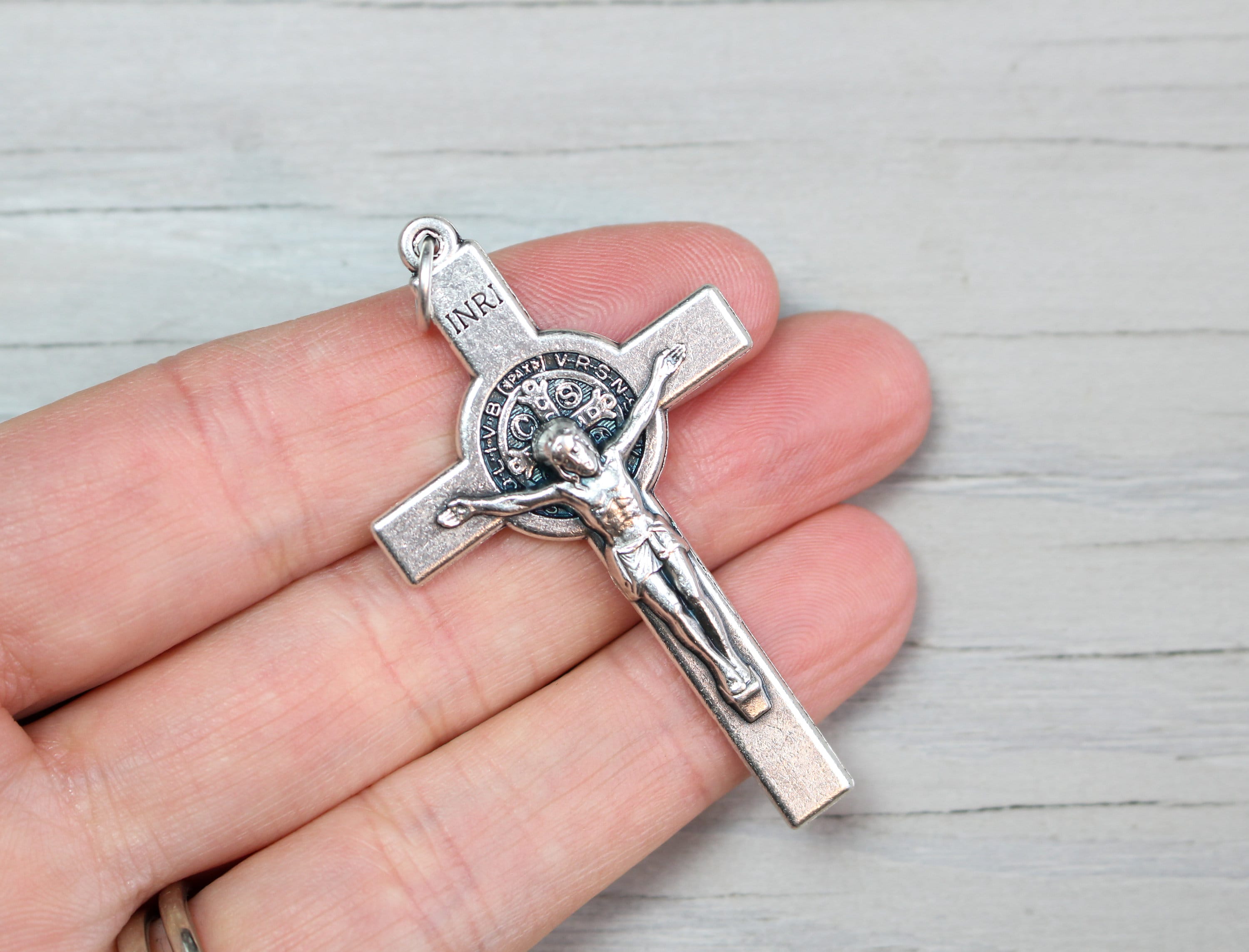 Bulk Pack of 25 - Pardon Indulgence Crucifix Triple Threat Crucifix Cross  for Rosary Making with St Benedict Medal and Miraculous Medal - 2 1/8 Inch  Silver Oxidized Italian Crucifix Catholic Rosary Making Supplies