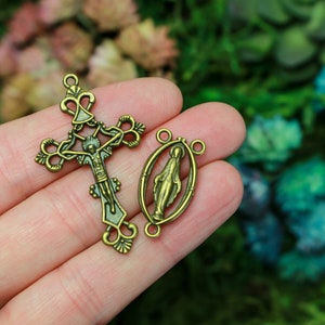 Bronze Rosary Centerpiece Crucifix Set - Blessed Virgin Mary Center - Ornate Jesus Crucifix Cross Rosary Parts