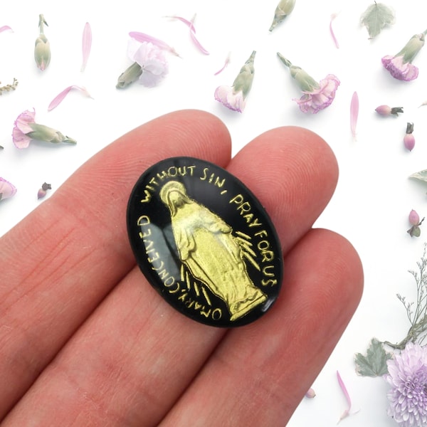 Glass Cabachon of the Miraculous Medal - Carved Intaglio Handpainted in Czech Republic Black & Gold Design 25mm x 18mm