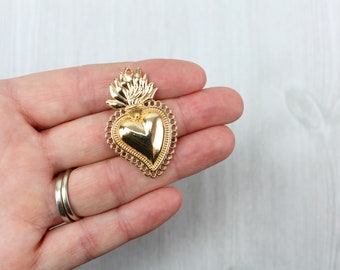 Ciondolo a forma di cuore sacro, ciondolo a forma di cuore fiammeggiante messicano Milagro / finitura in oro morbido lucido, lunghezza 40 mm