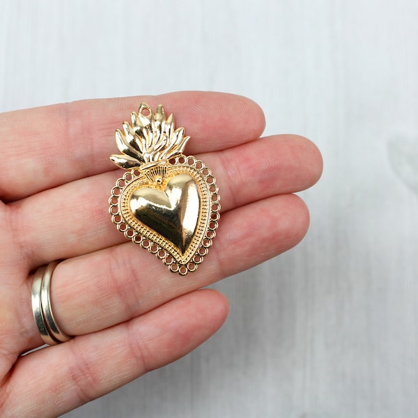 Sacred Heart Charm Mexican Milagro Flaming Heart Pendant | Shiny Soft Gold Finish 40mm Long