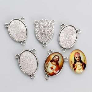 5 Silver Rosary Centerpiece Blank Bezel Trays - Fits 25x18mm Oval Cabochon - Cameo Setting Frame Connector, 5pcs