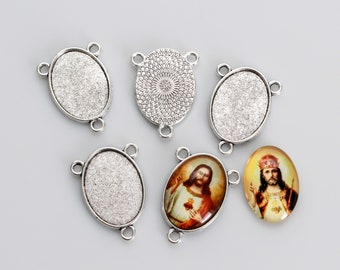 5 Silver Rosary Centerpiece Blank Bezel Trays - Fits 25x18mm Oval Cabochon - Cameo Setting Frame Connector, 5pcs
