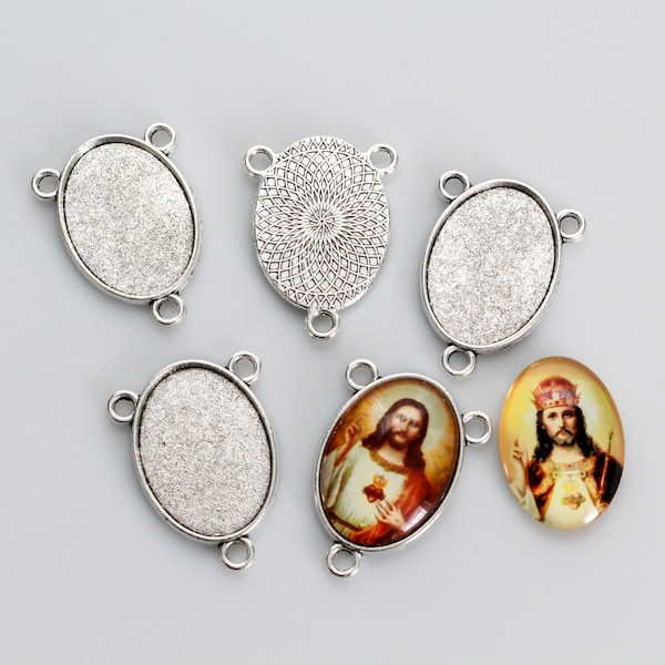 5 Silver Rosary Centerpiece Blank Bezel Trays - Fits 25x18mm Oval Cabochon - Cameo Setting Frame Connector, 5pcs