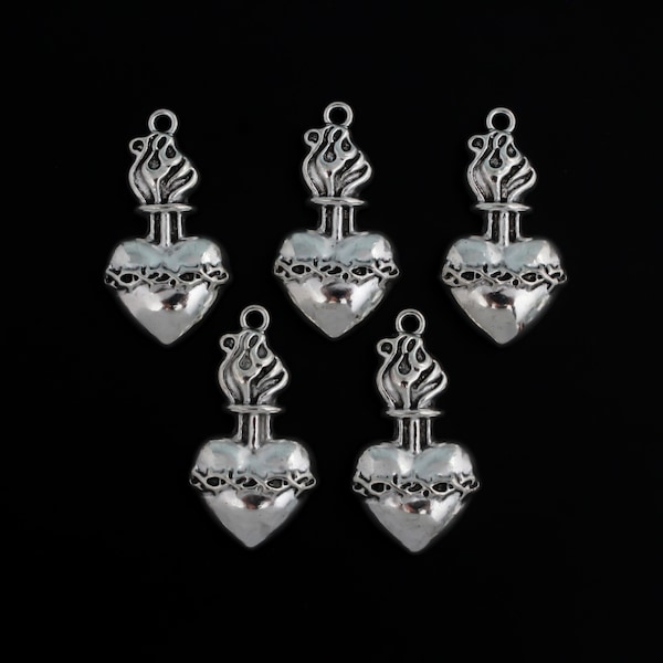 5 Sacred Heart of Jesus Charms, Ex Voto Pendants - Antiqued Silver - 35mm Long