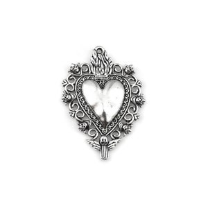 5 Flaming Holy Heart Charms - Ex Voto Milagro Style Sacred Heart and Skull Pendant - 41mm Long