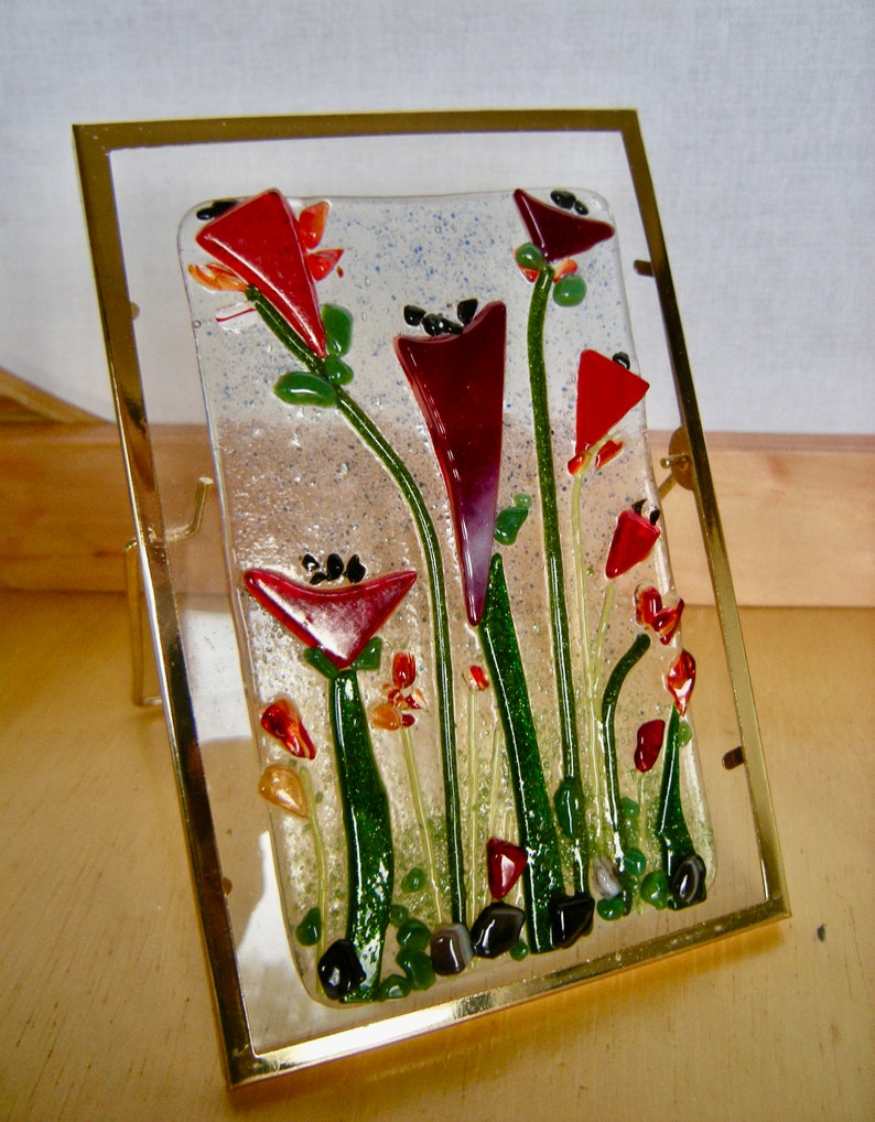 Little Poppies Fused Glass Tabletop Art image 2