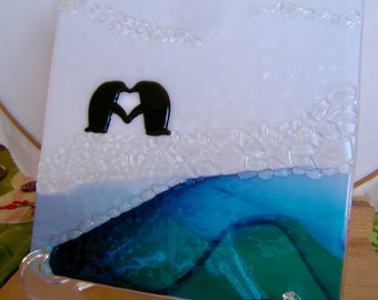 Penguin Love Fused Glass Art