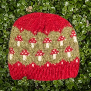 Puede incluir: Un gorro de punto rojo y verde con un estampado de setas. El gorro presenta un borde y una corona rojos, con una sección media verde adornada con diseños de setas rojas y blancas. El gorro está hecho de un material de punto suave.