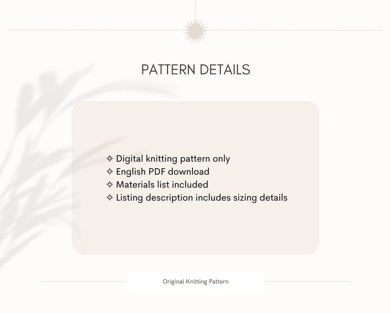May include: A digital knitting pattern details graphic on a cream background. The text includes "PATTERN DETAILS" and bullet points listing features like a digital pattern, English PDF download, materials list, and sizing details.