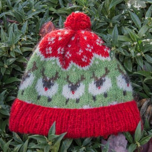May include: A knit beanie featuring a red pom-pom on top, a solid red ribbed brim, and a light green midsection decorated with a repeating pattern of white sheep with brown antlers and red noses, topped by a red and white snowflake design.