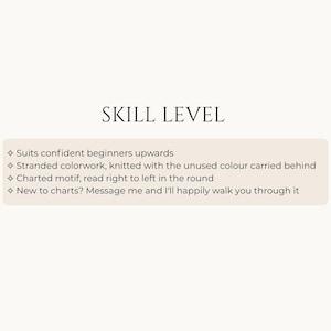 Fox hat knitting pattern info card: skill level. Suits confident beginners upwards, stranded colorwork with the unused colour carried behind, charted motif read right to left in the round, help with charts available by message.