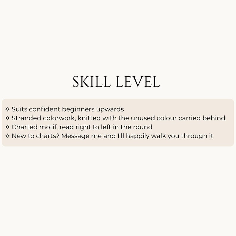 Fox hat knitting pattern info card: skill level. Suits confident beginners upwards, stranded colorwork with the unused colour carried behind, charted motif read right to left in the round, help with charts available by message.
