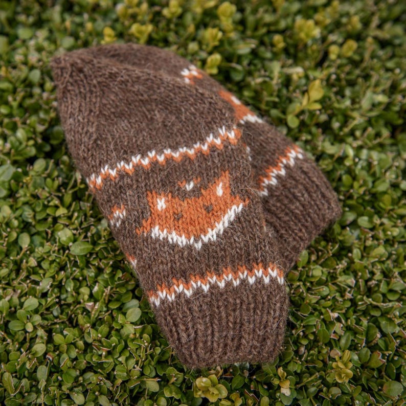 Side view of brown Fair Isle fox hat knitting pattern, showing fox motif band and ribbed brim, photographed on green foliage.
