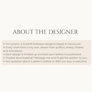 Fox hat  knitting pattern info card: about the designer. Lynann, a Scottish knitwear designer in Vancouver, draws every chart herself from puffins, sheep and thistles, and knits and test wears each design before publishing.
