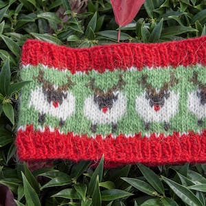 May include: A knitted headband featuring a repeating pattern of white sheep with brown antlers and red noses on a light green background, bordered by thick red bands at the top and bottom. The knit texture is visible throughout the entire piece.