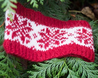 Snowflake Headband Knitting Pattern,Red and White Nordic Fair Isle Ear Warmer PDF