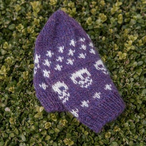 Purple Fair Isle knitted hat photographed outdoors on greenery, showing the crown shaping with repeating skull motifs and small cross details in contrasting white yarn.