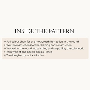 Fox hat knitting pattern info card: inside the pattern. Full colour chart read right to left in the round, written instructions for shaping, knitted seamlessly in the round, yarn weight and needle sizes listed, tension over 4 x 4 inches.