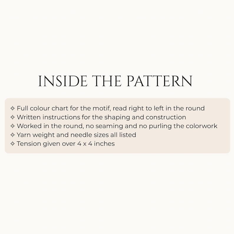 Fox hat knitting pattern info card: inside the pattern. Full colour chart read right to left in the round, written instructions for shaping, knitted seamlessly in the round, yarn weight and needle sizes listed, tension over 4 x 4 inches.