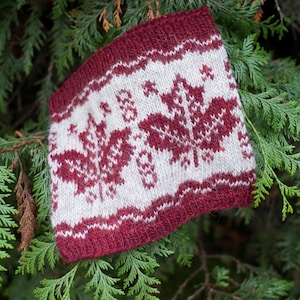 May include: A knitted neck warmer in a burgundy and cream color scheme. The design features a repeating pattern of maple leaves and other shapes. The neck warmer is displayed against a backdrop of green foliage.