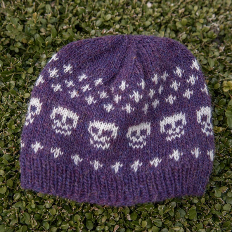 Purple stranded colourwork knitted hat laid on green foliage, featuring a repeating skull motif and small white cross details, shown flat to highlight the pattern and texture.