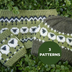 Sheep Knitting Pattern Bundle, DK Hat Cowl and Headband Set