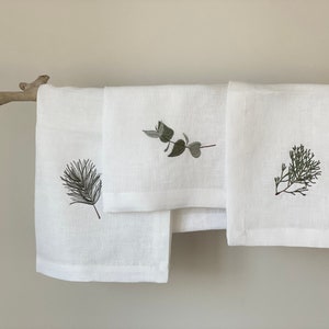 Linen Dinner Napkins with Branch Embroidery, Custom Linen Cloth Napkins