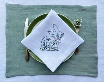 Linen cloth napkins set with Easter Bunny embroidery, Easter Embroidered Napkins, Housewarming gift, Easter Holiday Gift