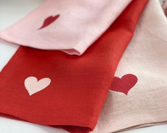 Heart Embroidered Dinner Cloth Napkins, Heart Embroidered Valentine's Day Cloth Napkins, Personalized Dinner Napkins, Linen Dinner Napkins